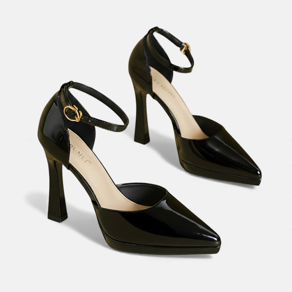 Babette - Leather Pointed Toe Ankle Strap Block Heels