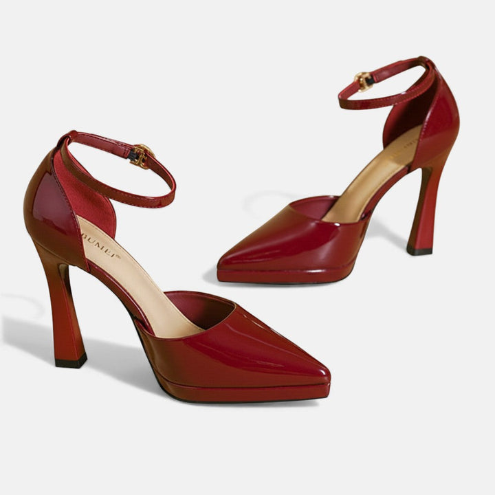 Babette - Leather Pointed Toe Ankle Strap Block Heels