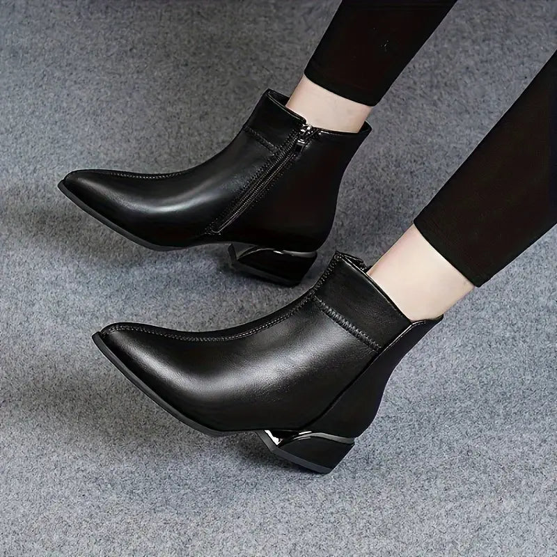 Gracie - Pointed Toe Block Heel Leather Boots
