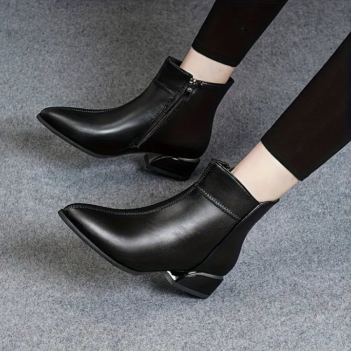 Gracie - Pointed Toe Block Heel Leather Boots