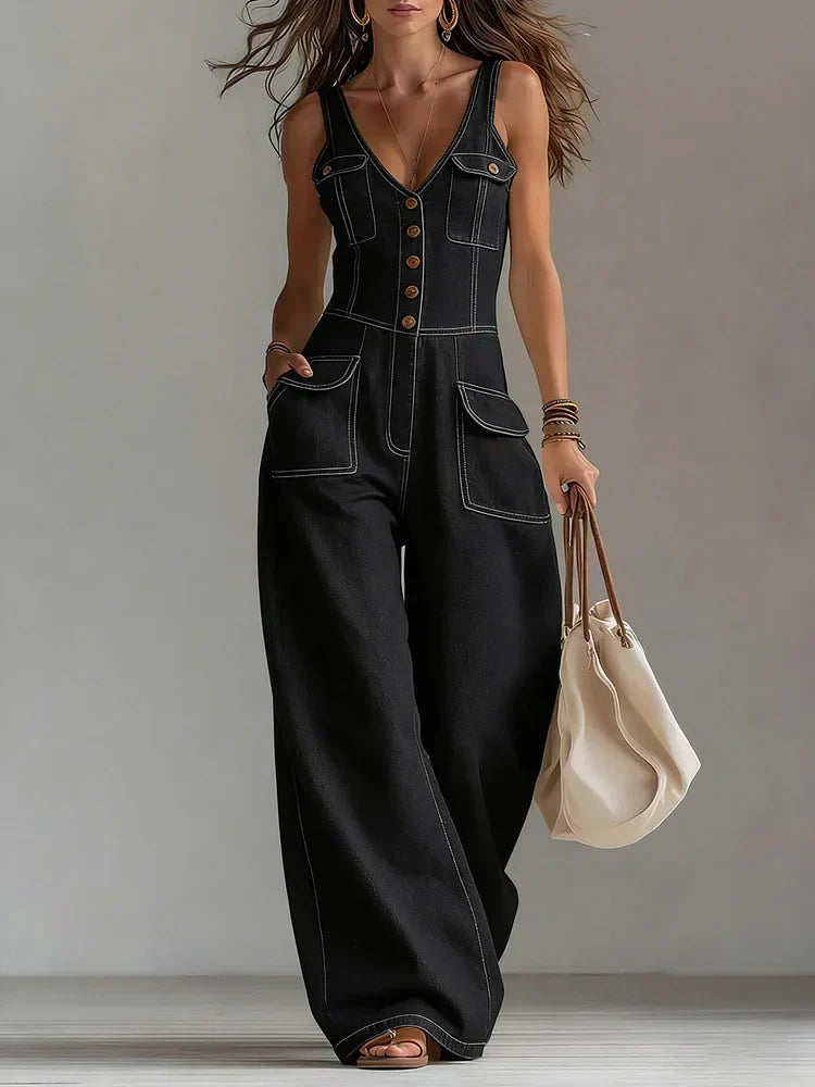 Trudy - Long Wide-Leg Denim Overalls
