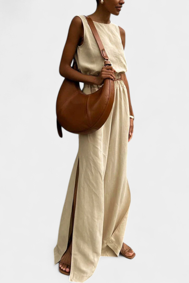 Nerissa - Cotton-Linen Sleeveless Top and Wide-Leg Pants Set with Side Slits