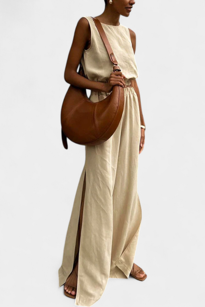 Nerissa - Cotton-Linen Sleeveless Top and Wide-Leg Pants Set with Side Slits