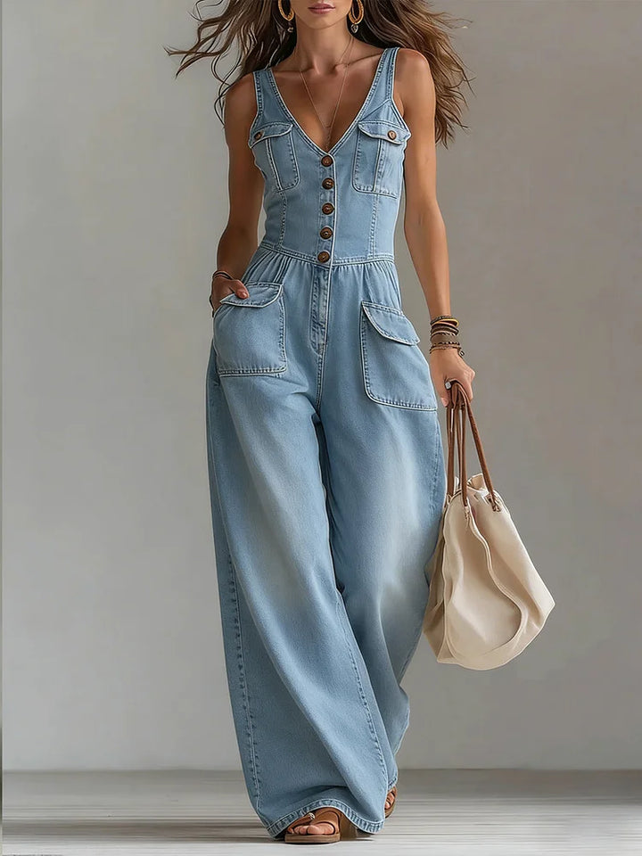 Trudy - Long Wide-Leg Denim Overalls