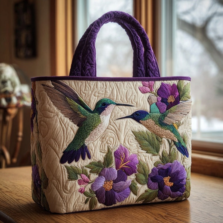 Bolsa Tote Acolchada de Colibríes Morados