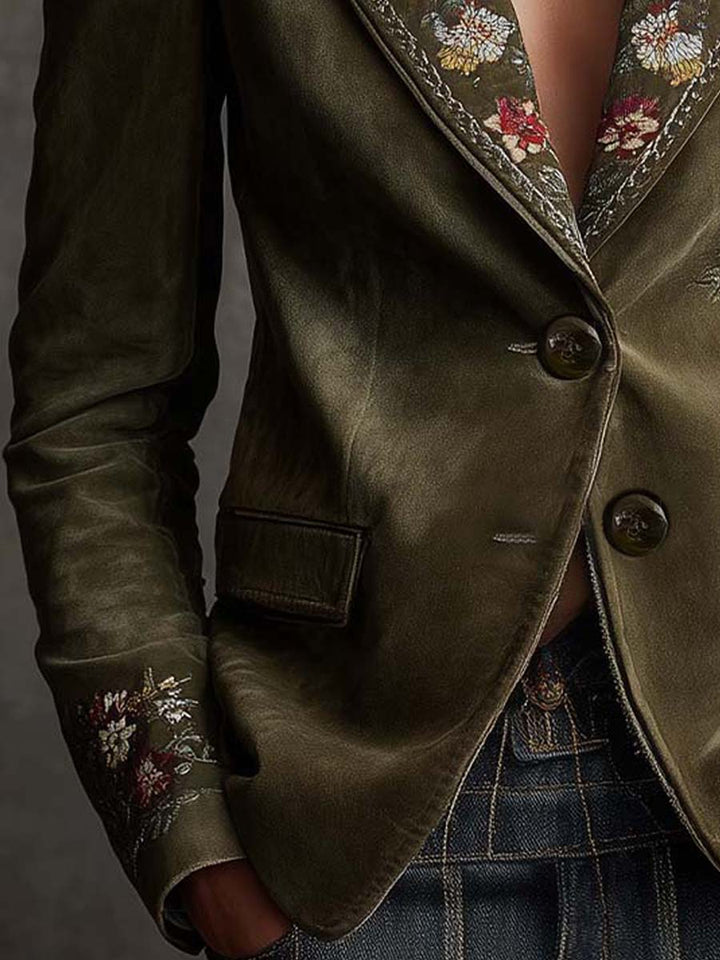 Iris - Olive Velvet Blazer with Floral Embroidery