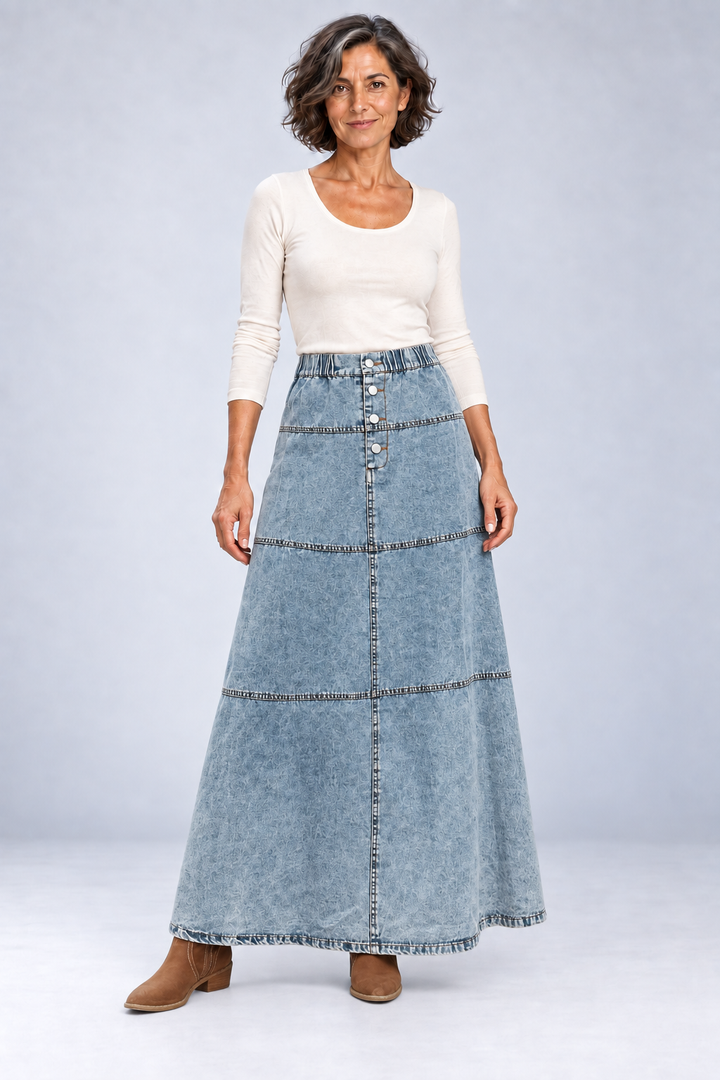 Maegan - Denim Maxi Skirt with Feather Hem