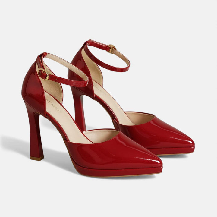Babette - Leather Pointed Toe Ankle Strap Block Heels