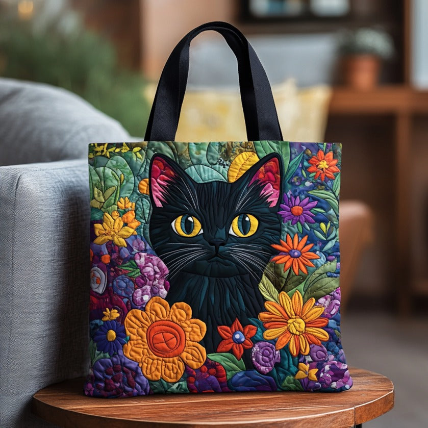 Bolsa Tote Acolchada de Gato Negro Floral