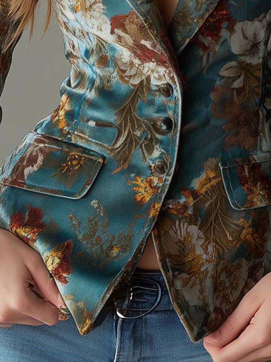 Lena - Fitted Vintage Teal Velvet Blazer with Floral Print