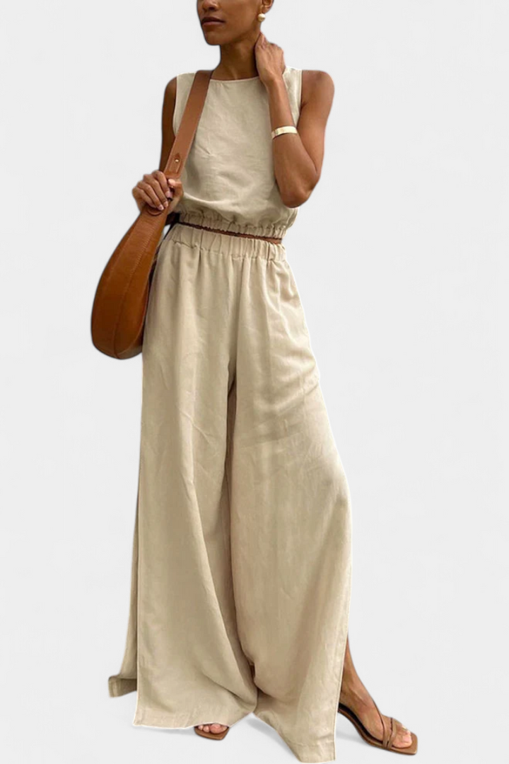 Nerissa - Cotton-Linen Sleeveless Top and Wide-Leg Pants Set with Side Slits