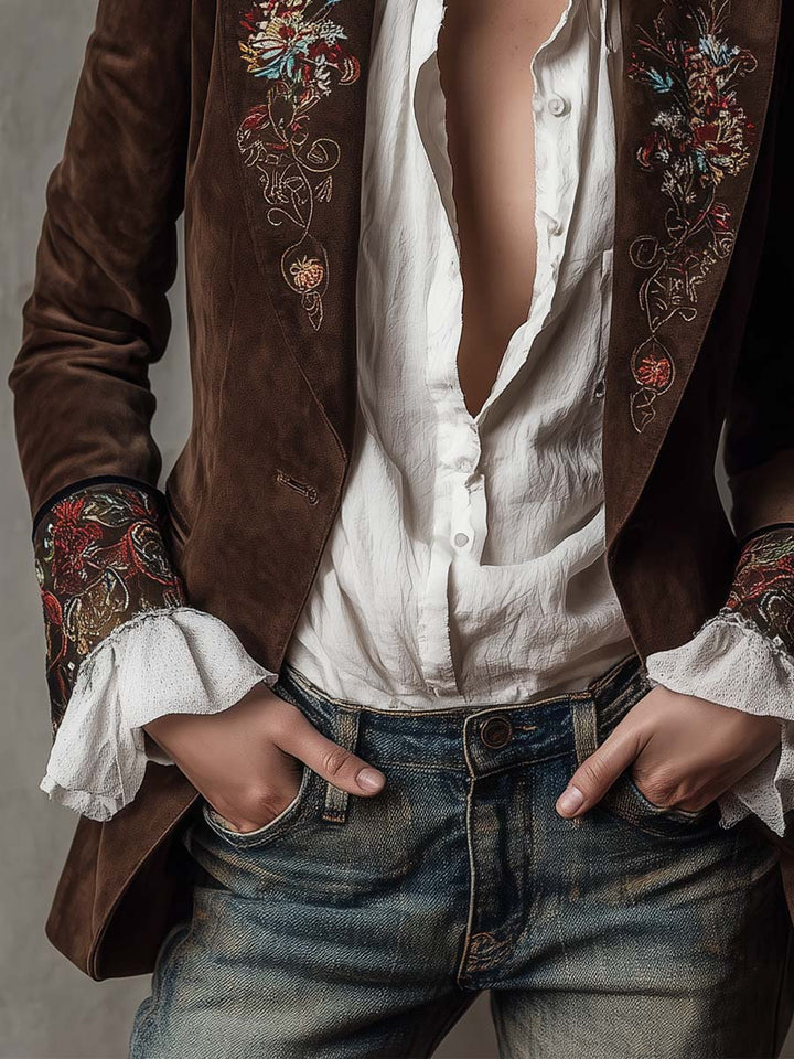 Linden - Vintage Brown Leather Blazer with Floral Embroidery