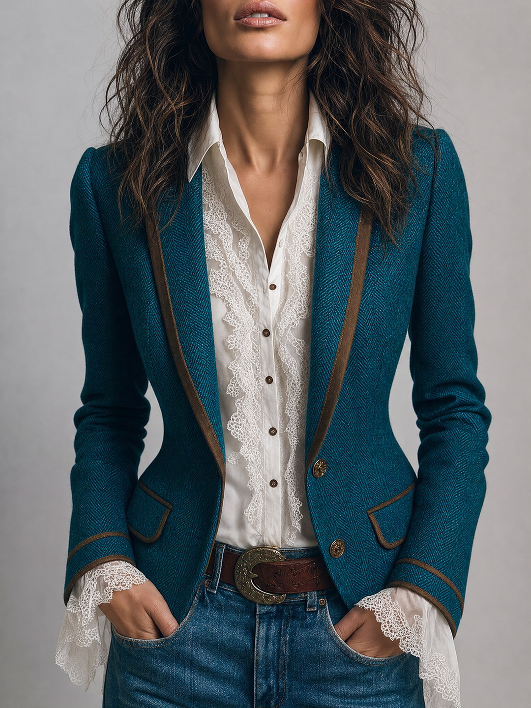 Dara - Retro Herringbone Blazer with Contrast Details