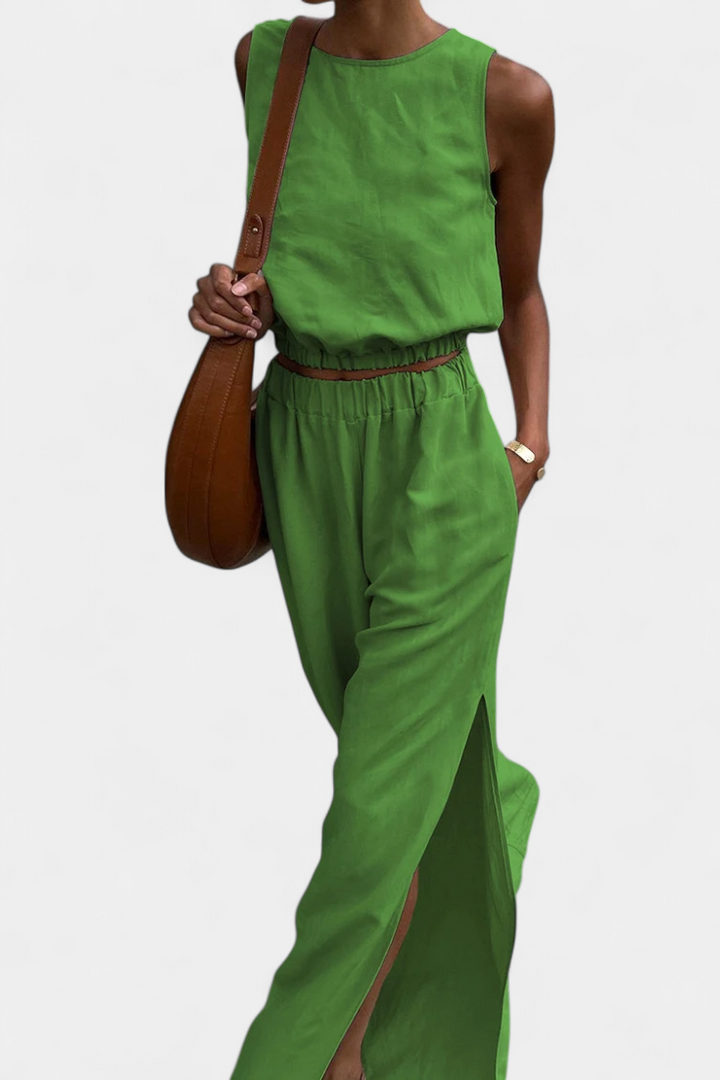Nerissa - Cotton-Linen Sleeveless Top and Wide-Leg Pants Set with Side Slits