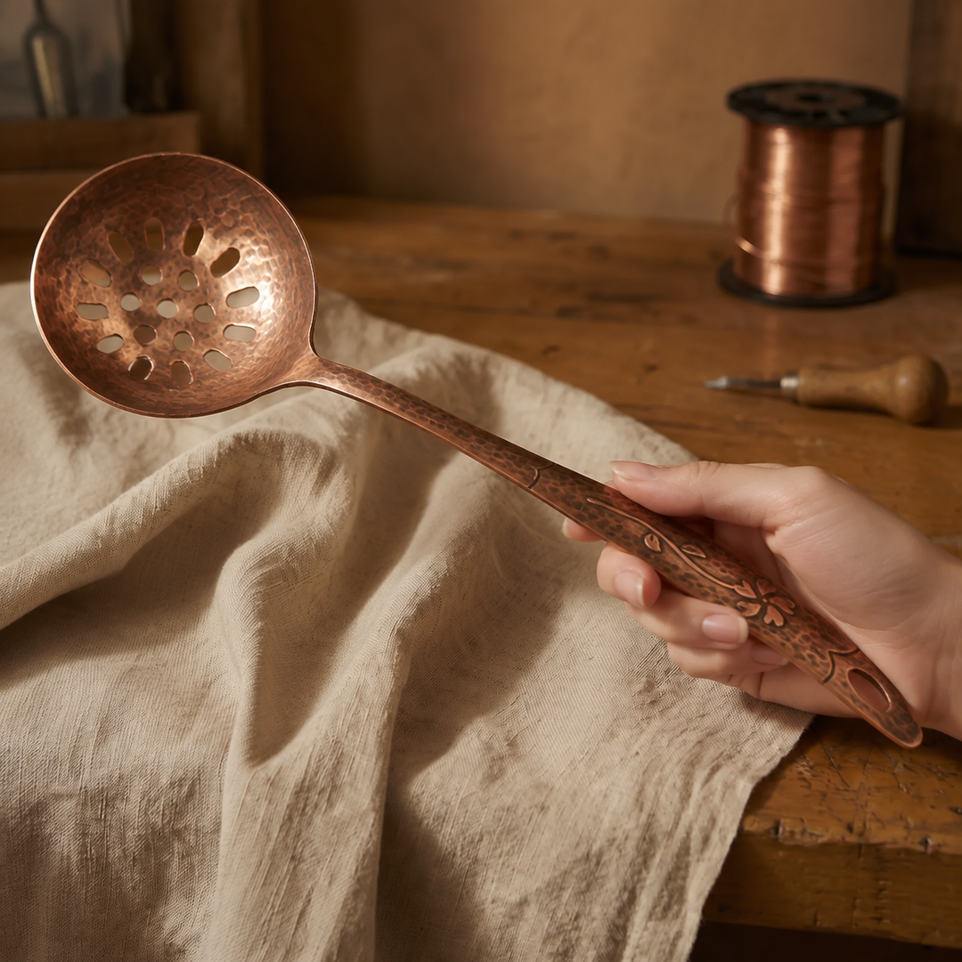 Hand-Forged Copper Oval Spoon with Botanical Handle