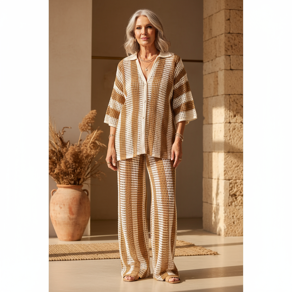 Madelyn - Striped Knit Kimono & Pants Set