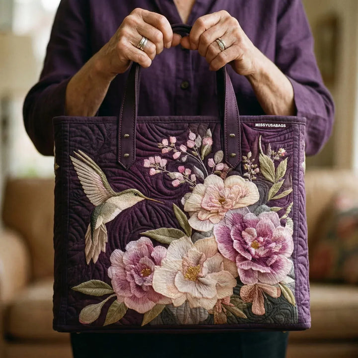 Bolsa Tote Acolchada - Colibríes y Orquídeas