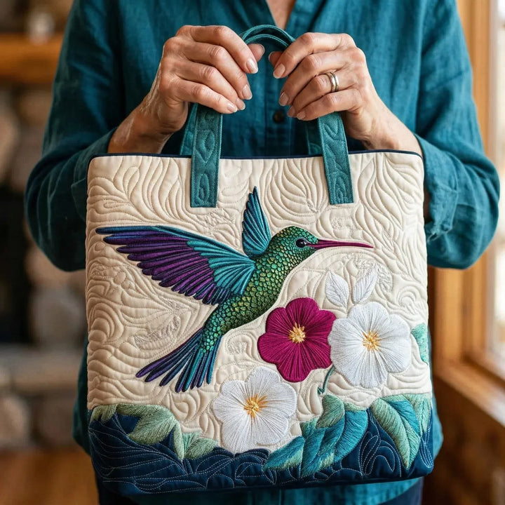 Bolsa Tote Acolchada - Colibrí y Flor Blanca