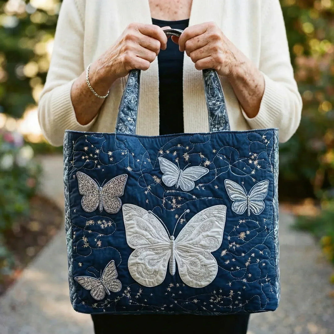 Embroidered Silver Butterfly Shoulder Bag
