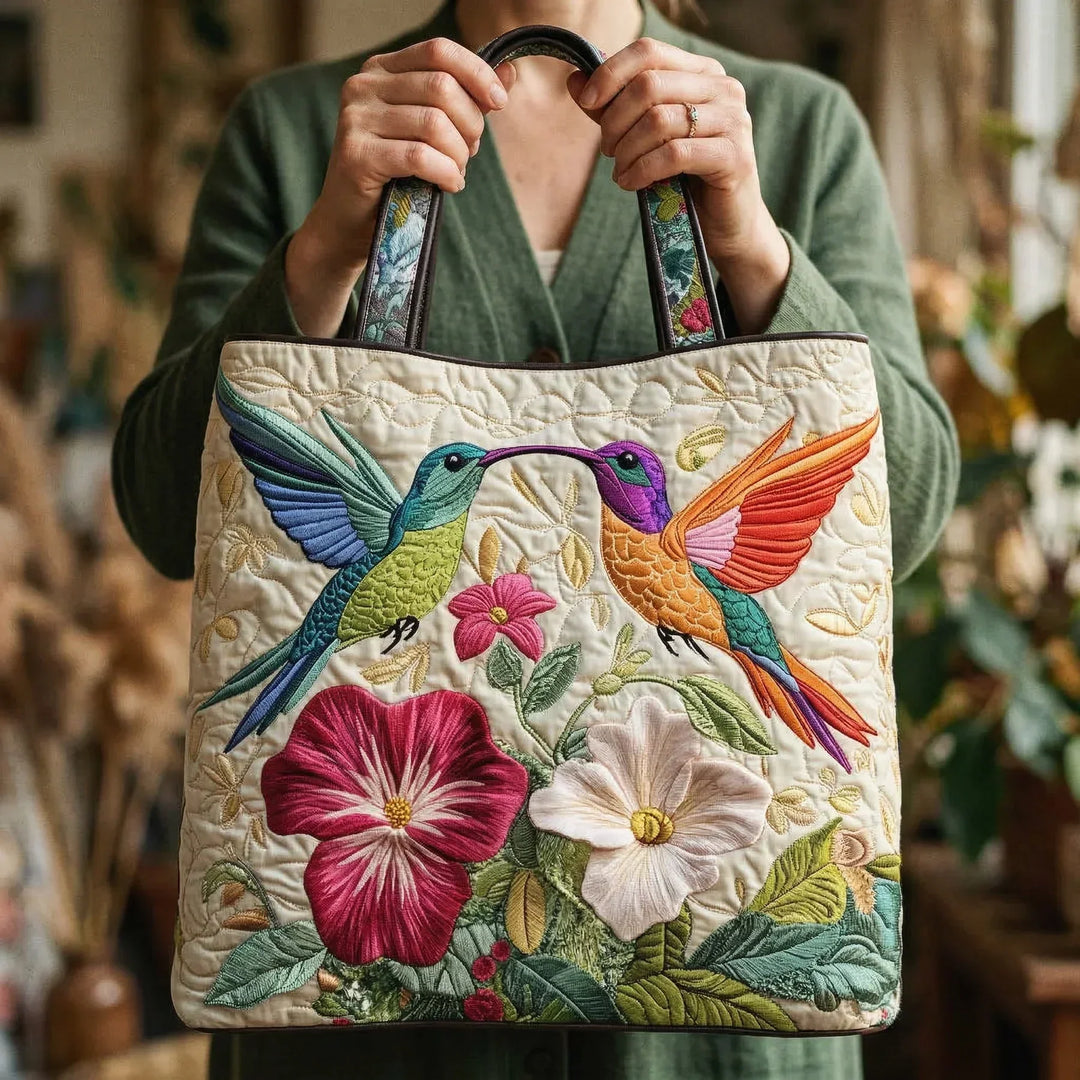 Bolso Tote Acolchado - Colibrí y Flores Blancas