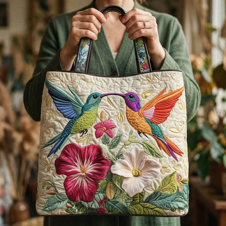 Bolso Tote Acolchado - Colibrí y Flores Blancas