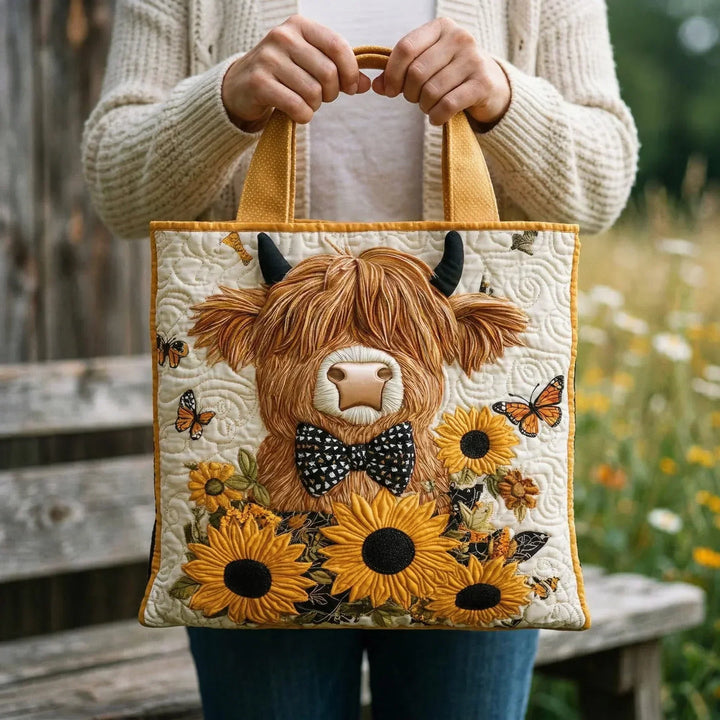 Bolsa Tote Acolchada - Vaca de las Tierras Altas con Girasoles
