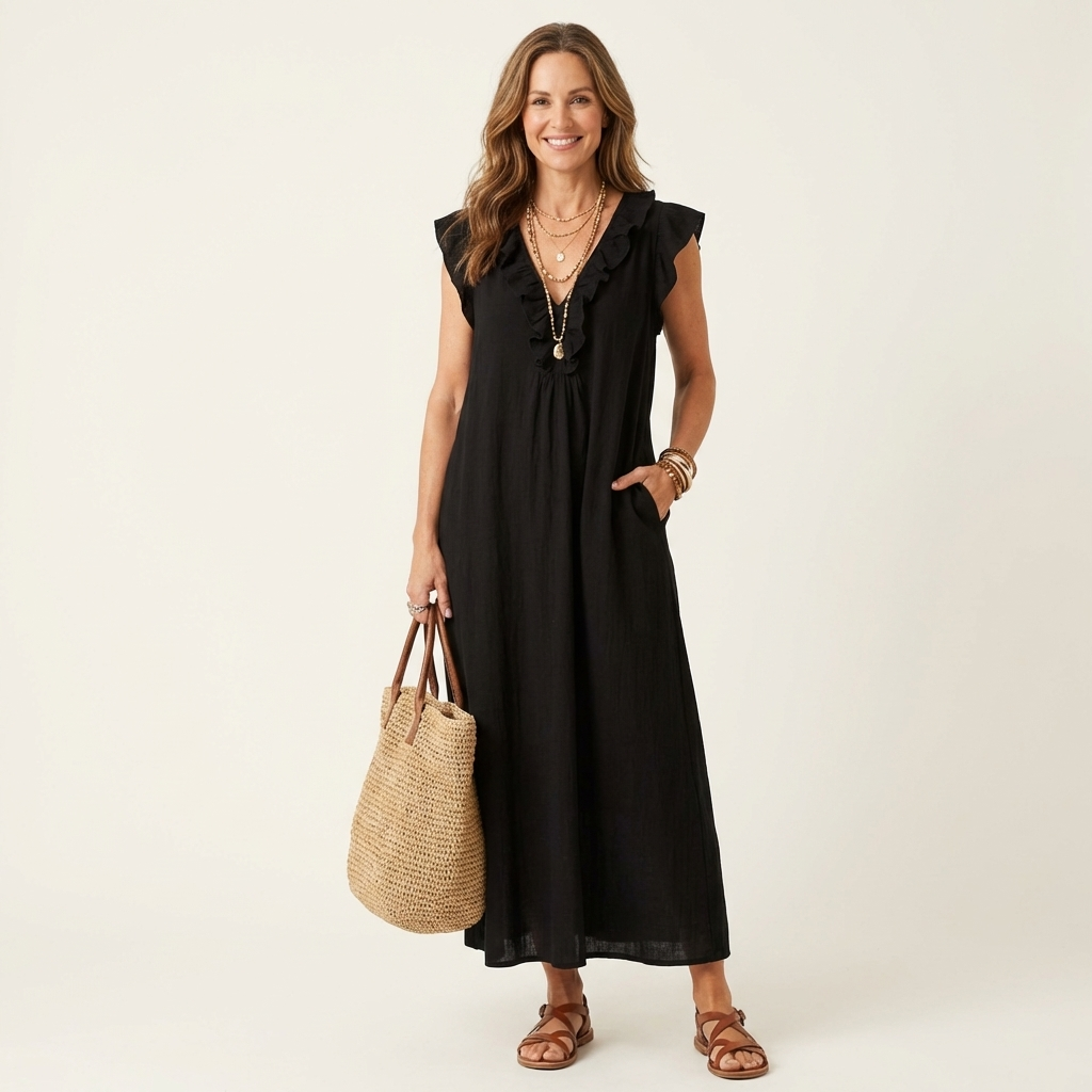 Paola - Linen Dress with Ruffle Neckline
