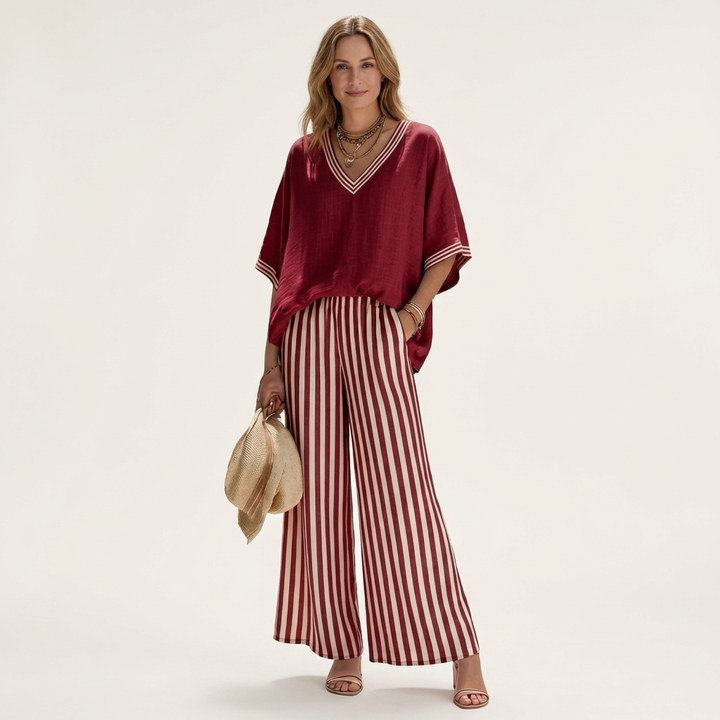 Hailey - Contrast Trim Top and Striped Pants Set