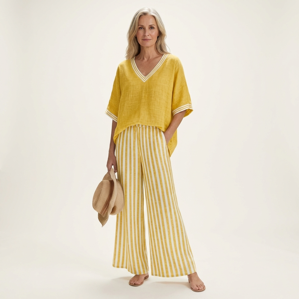 Hailey - Contrast Trim Top and Striped Pants Set