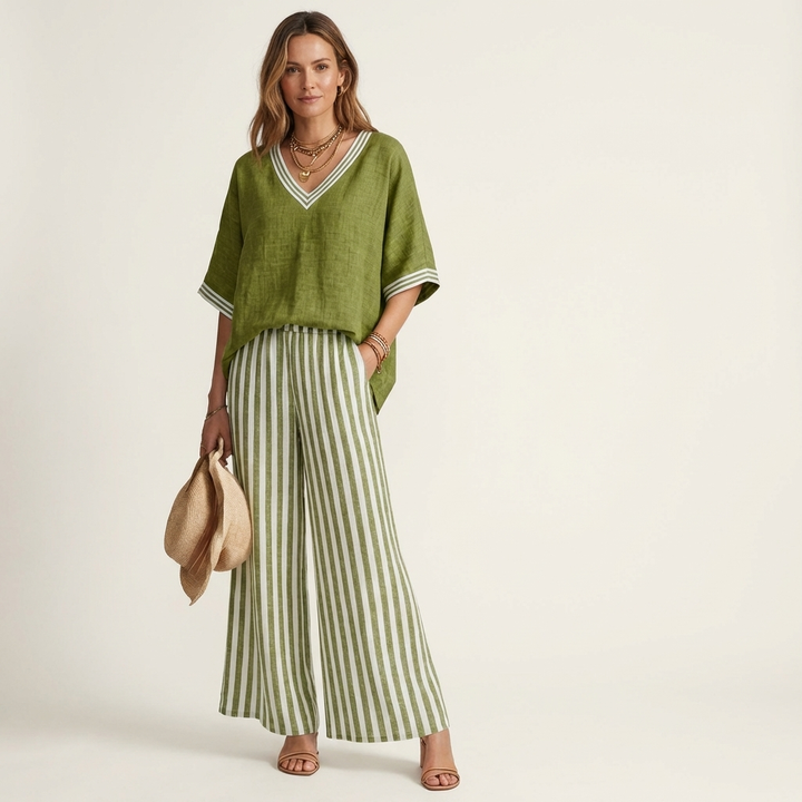 Hailey - Contrast Trim Top and Striped Pants Set