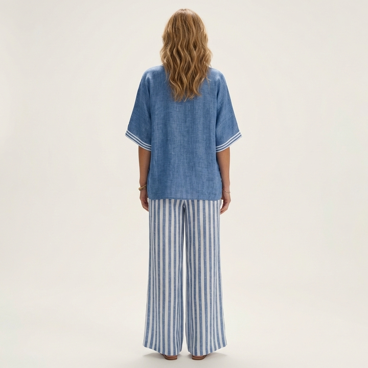 Hailey - Contrast Trim Top and Striped Pants Set
