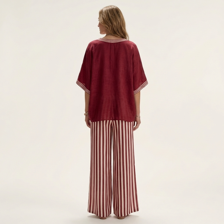 Hailey - Contrast Trim Top and Striped Pants Set