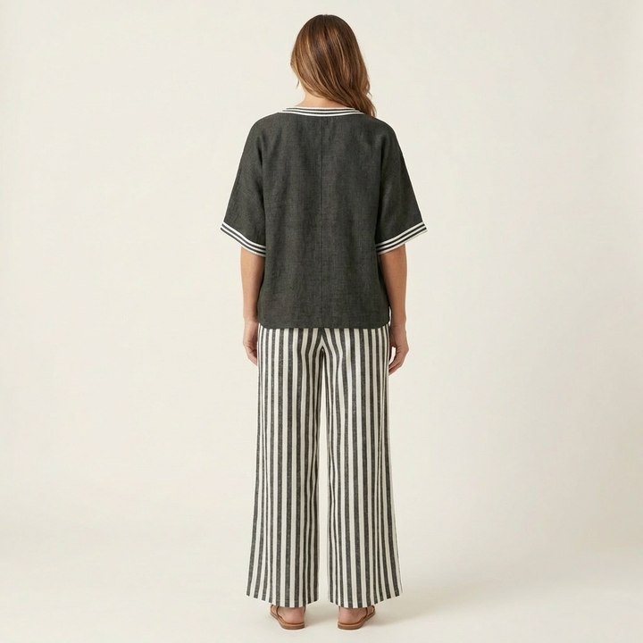 Hailey - Contrast Trim Top and Striped Pants Set