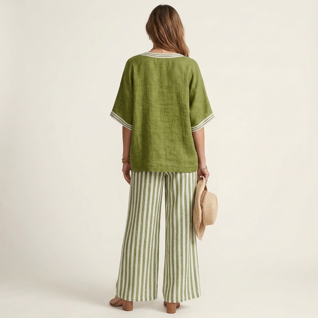 Hailey - Contrast Trim Top and Striped Pants Set