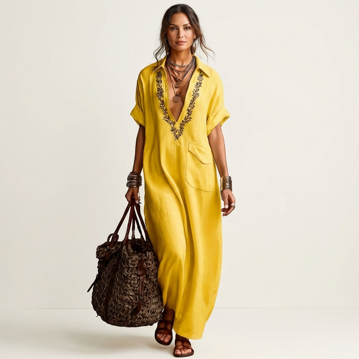 Edna - Long Linen Dress with Embroidered Neckline