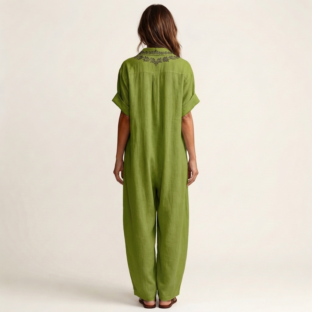 Edna - Long Linen Dress with Embroidered Neckline