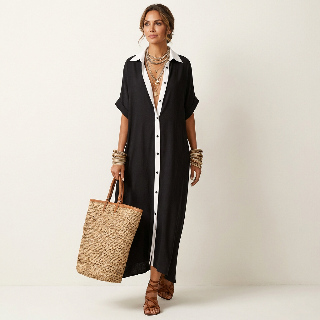 Deirdre - Long Shirt Dress with Contrast Collar