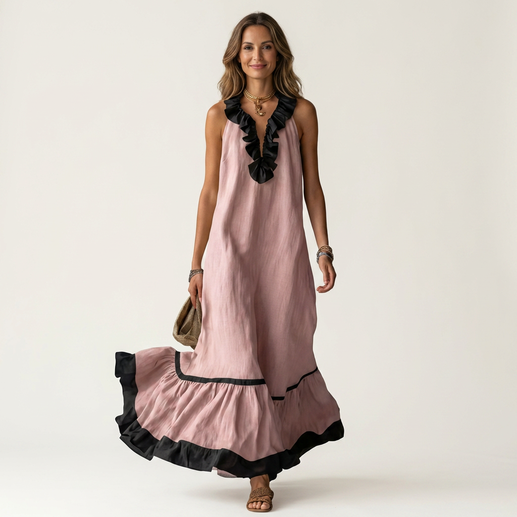 Carmella - Long Ruffle Contrast Dress