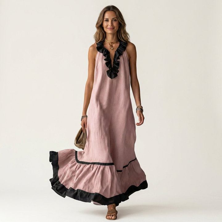Carmella - Long Ruffle Contrast Dress