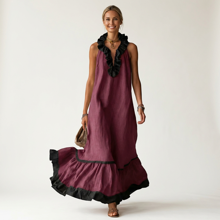 Carmella - Long Ruffle Contrast Dress