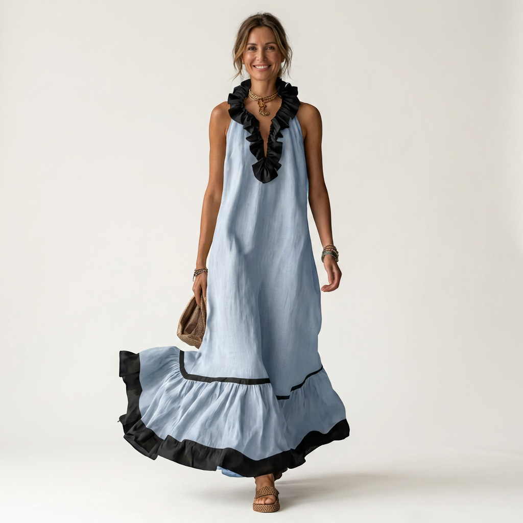 Carmella - Long Ruffle Contrast Dress