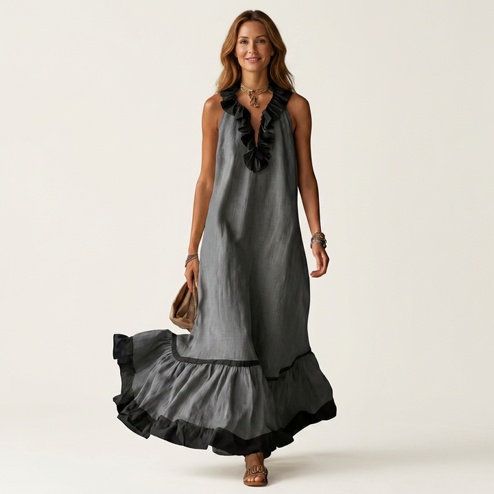 Carmella - Long Ruffle Contrast Dress