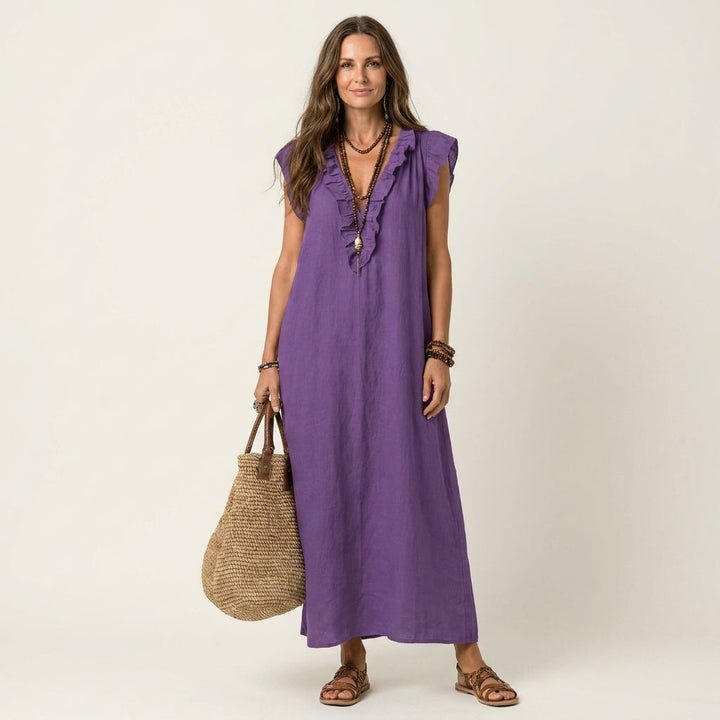 Paola - Linen Dress with Ruffle Neckline