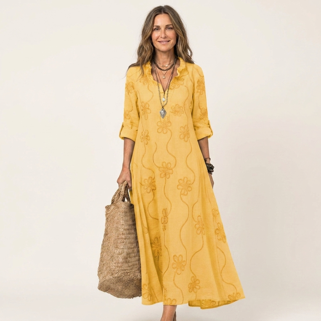 Annabelle - Long Linen Dress with Embroidered Flowers