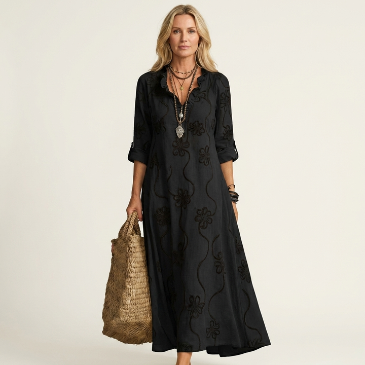 Annabelle - Long Linen Dress with Embroidered Flowers