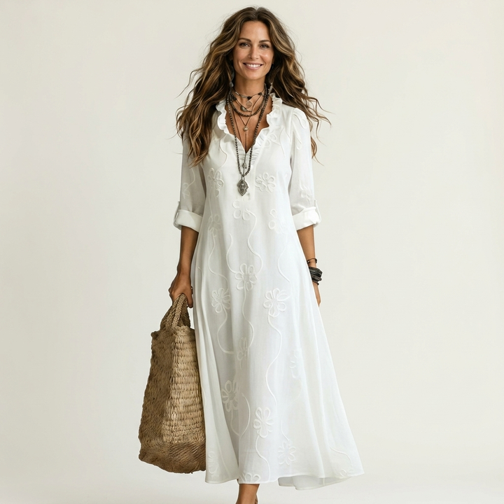 Annabelle - Long Linen Dress with Embroidered Flowers