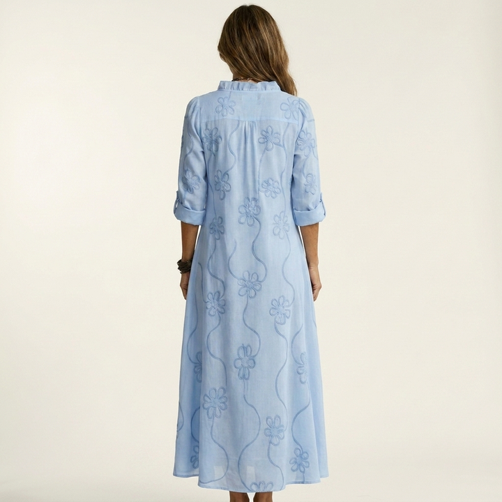 Annabelle - Long Linen Dress with Embroidered Flowers