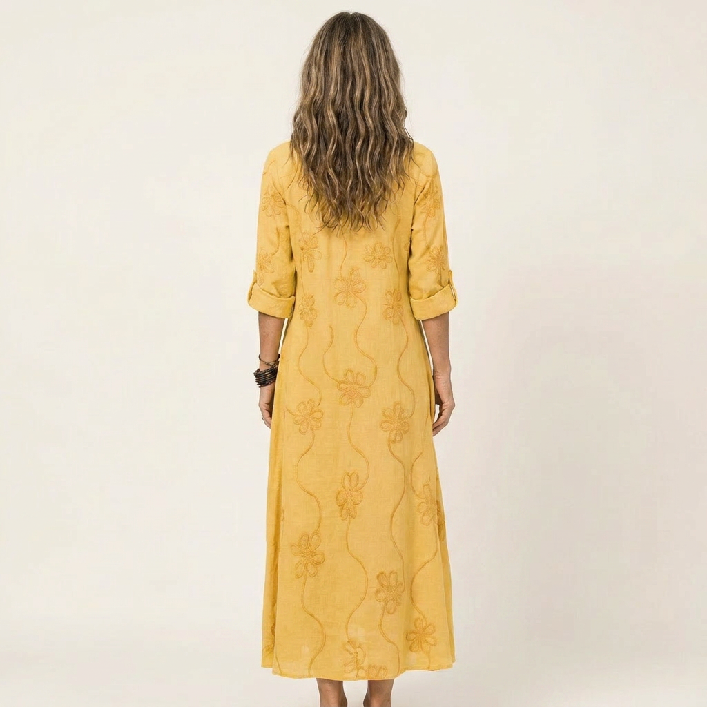 Annabelle - Long Linen Dress with Embroidered Flowers