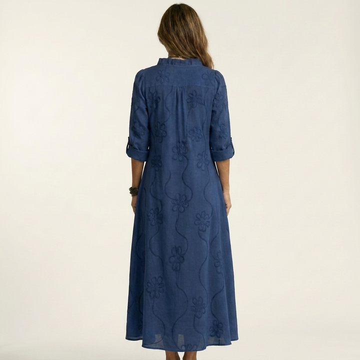 Annabelle - Long Linen Dress with Embroidered Flowers