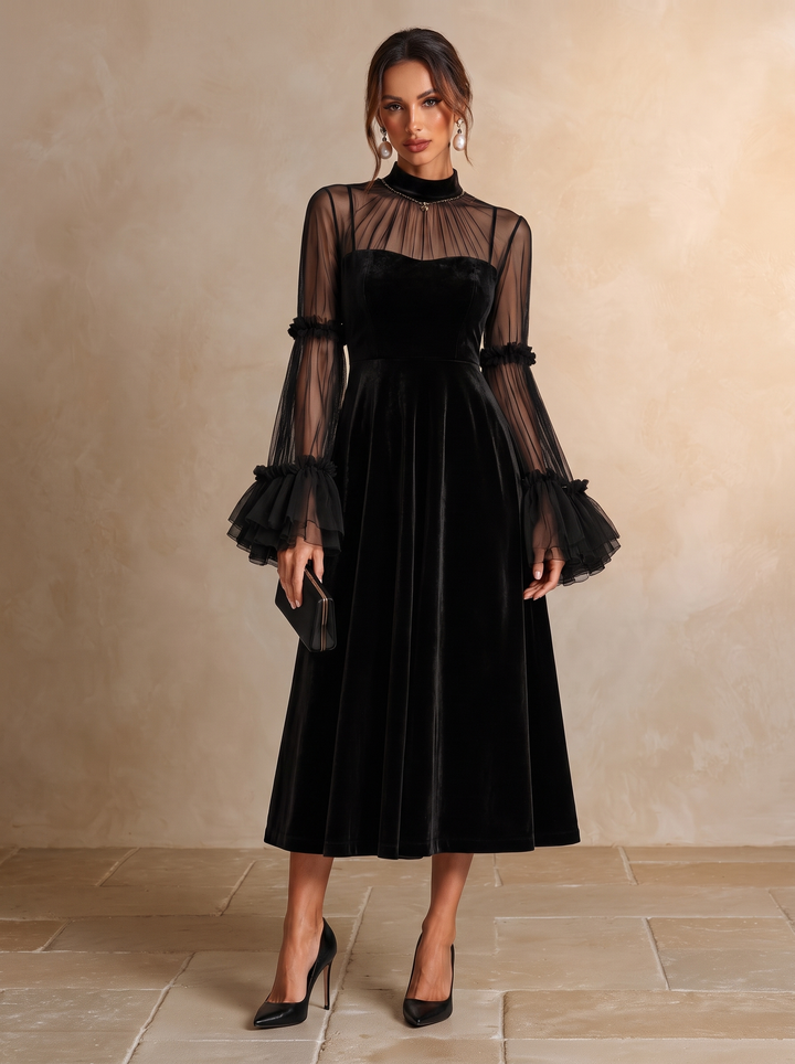 Davina - Black Velvet and Sheer Mesh Pleated Midi Dress